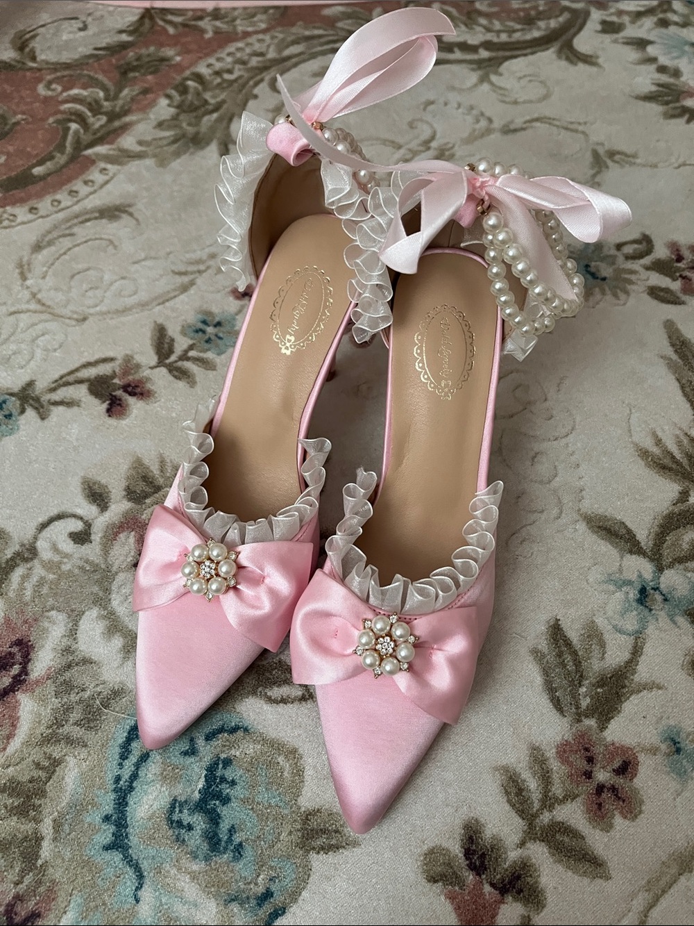 SHEIN Pink Satin Pointed Heels with Pearl Cluster & Ruffle Trim
